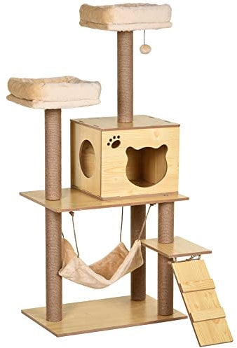 Pawhut Arbre à Chats Design Contemporain griffoirs grattoirs sisal Naturel Niche Plate-Formes hamac Boule Panneaux Particules Beige