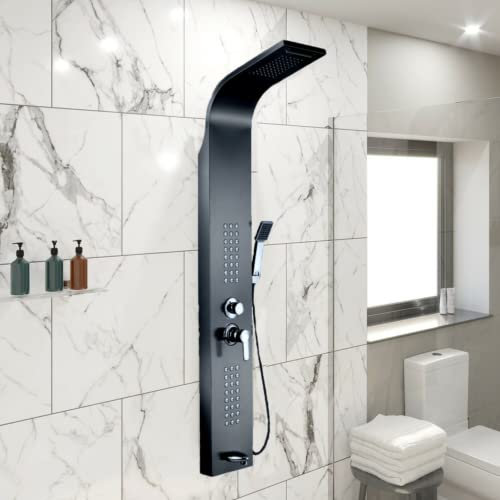 EVOLVE - Thermostatic Shower Panel Column Tower- 48 Body Jets Waterfall Bath Spout 5 in 1 Black