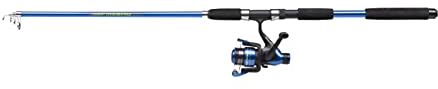 Shakespeare Firebird Tele-Spinnrute und Rollen-Kombination – teleskopierbares Teleskop-Angelsetup – gefüllt mit Schnur, einsatzbereit, Blue/Black