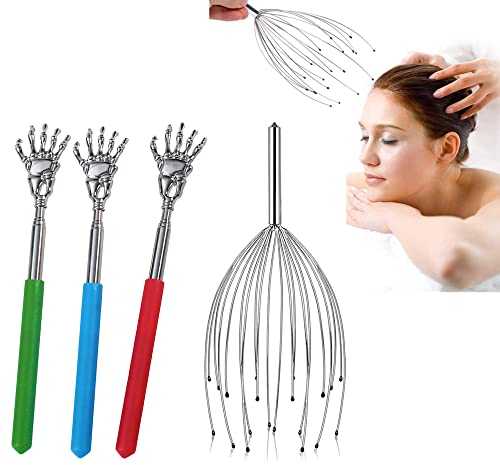 4 Piezas Masajeador de Cabeza y Espalda, Rascador de Espalda, Masajeador de cabeza, Araña de Masaje con 20 Dedos, Práctico Raspador Telescópico, para Relax y Alivio del Estrés