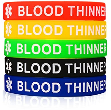 FLHEART 5 Pack Assorted Colors Silicone Rubber BLOOD THINNER Medical Alert ID Wristband Emergency Bracelets For Mens Womens For Outdoor Sports,7.5 Inches,Waterproof