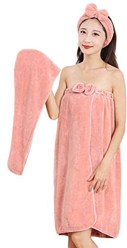 3Pcs Sauna Kilt Damen Haartuch Haarband Badetuch, Handtuch Saunatuch Schnelltrocknend mit Gummizug Bademantel Kurz Einfarbig Badetücher Für Dusche Spa,Rosa,80 * 150cm