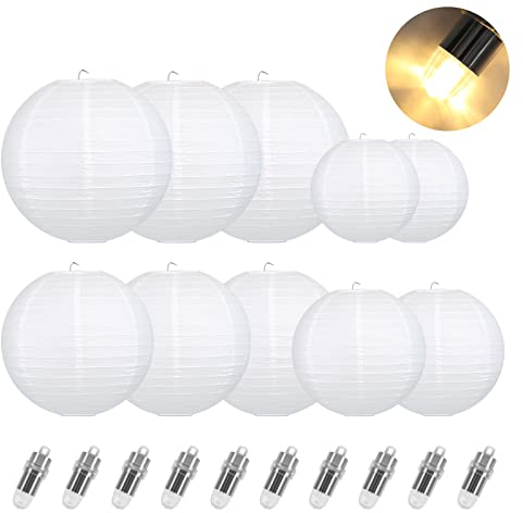 Encham 10 Stück Papierlaterne Weiß Lampions mit 10 Stück Warmweiß mini LED-Ballons Lichter Papier Laterne Lampenschirm für Hochzeit Party Geburtstage Dekoration