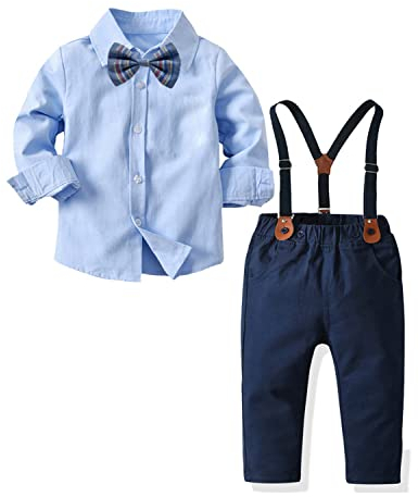 Volunboy Baby Jungen Anzug Set Bekleidung Hemd mit Fliege + Hosenträger Hosen Strampler Anzug(Blau,3-4 Jahre,Größe 110)