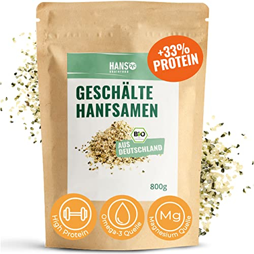 HANS Brainfood Bio Hanfsamen geschält - High Protein - Natürliche Omega 3 und Magnesium Quelle ohne Zusatzstoffe | Superfood vegan aus Bayern | Hanfprotein mit Eisen und Vitamin E | 800g