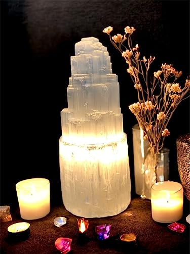 vingardium leviosa Pure Selenite Crystal Natural Light Mountain Tower Lamp Handmade Natural Energy Healing Clarity and Meditation Lamp Home Decoration TableLamp Mineral Christmas Occasion Gift (20cm)