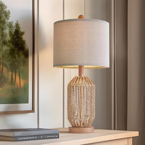 OYEARS 21 Boho Table Lamp for Living Room, Bedside Lamp for Nightstands, Rattan Lamp for Bedroom, Farmhouse Table Lamp for Room Decor, End Table, Retro, Brown, 1 Pack