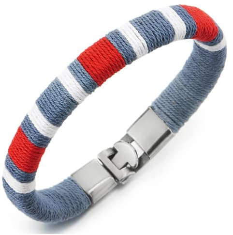 COOLSTEELANDBEYOND Unisexe Rouge Bleu Blanc Coton Tressé Bracelet pour Femme Homme