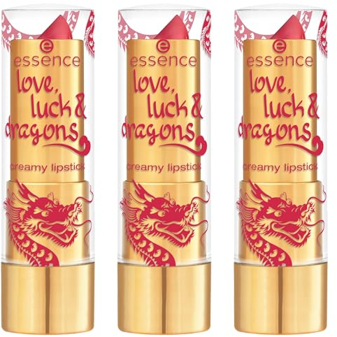 essence love, luck & dragons creamy lipstick, Nr. 01, Pink, mit Vitaminen, pflegend, Expressergebnis, glänzend, vegan, ohne Parabene, ohne Mikroplastikpartikel, Nanopartikel frei, 3er Pack (3x3.2g)