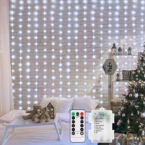 DBFAIRY 2x2M Lichtervorhang Batterie innen mit 8 Modi Fernbedienung Timer | 200 LED Lichterketten Vorhang, Lichterkette Vorhang Wasserfest für Party Hochzeit Innen und außen Deko (Weiß)