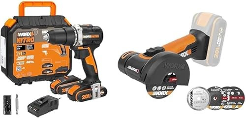WORX - PACK PETITS PRIX BRICO - Perceuse Visseuse brushless - ⌀13mm 60Nm + Mini Meuleuse sans Fil 20V - ⌀76 mm - WX102 & WX801.9 (Livrée avec 2 Batteries et Chargeur)