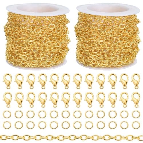 Plated Cable Chain 10m - Stainless Steel Jewellery Chain with 60 Lobster Clasps and 120 Jump Rings for Men, Women DIY (Gold)