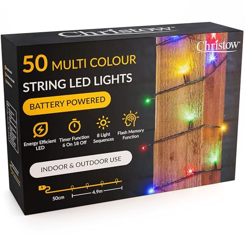 CHRISTOW Christmas Fairy Lights Battery Operated, Multi-Coloured LED String Lighting with Timer, Indoor & Outdoor, 8 Light Modes Flashing & Static, Green Cable (50 LED / 5m Lit Length)
