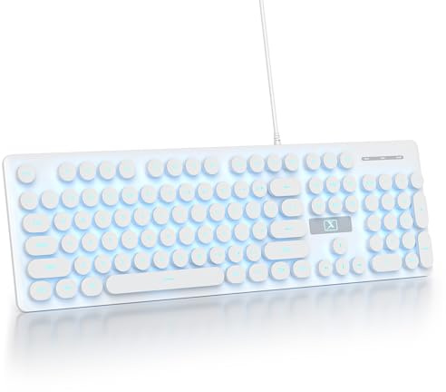 SbocKeeb Kabelgebundene Gaming-Tastatur Schreibmaschine, 104 Tasten Membran-LED-Hintergrundbeleuchtung US-Layout QWERTY mit runden Tasten für Computer/PC/Laptop/Windows-White