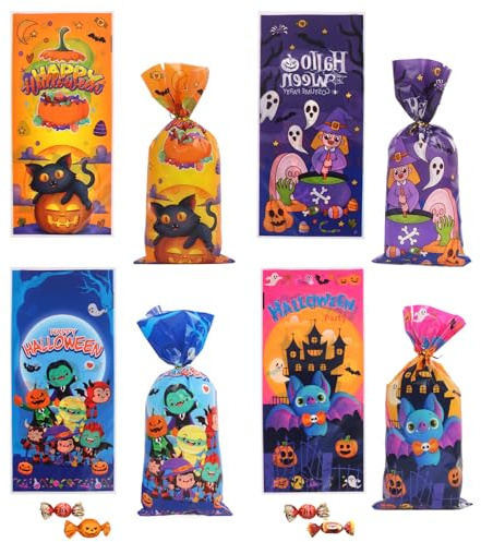 100 PCS Halloween Süßigkeiten Tüten, 4 Muster Halloween Tüten für Süßigkeiten, Halloweens Cellophan Geschenktüten mit Twists, Klarsichttüten für Party Supplies und Geschenke Snacks Kekse