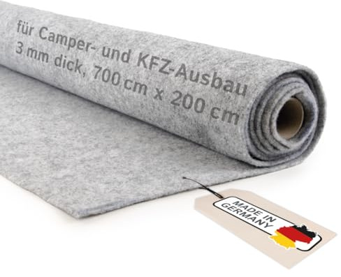 Camper Filz Meterware ohne Kleber, flexibler Nadelfilz für Camper Ausbau & Auto Innenverkleidung, 3 mm dick – Made in Germany, silbergrau, 700 cm x 200 cm