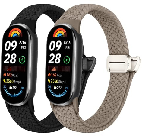 Raradev 2 Stück Nylon Geflochtenes Armband für Xiaomi Smart Band 11/10/9/8 | Magnet Verschluss Elastische Stufenlos Verstellbare Dehnbare Armbänder Sport Ersatzarmband Herren Damen für Mi Band 11/10/9/8