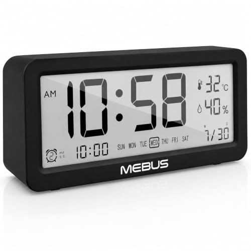 Mebus Wecker Digital mit 3 Weckzeiten & großem Display | Snooze, Kalender | Alarm für Werktage, Wochenende oder beides | Temperatur, Hygrometer | Nachttischwecker ohne Ticken, Tischuhr, Uhr schwarz