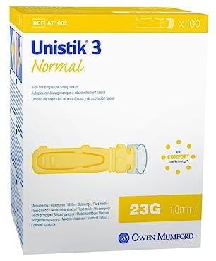 Unistik 3 Normal Blood Lancelets Größe 23G Kompatibel mit Stechgeräten einschließlich Beurer/Medisana/Accu Check/SD Packung mit 100 Stück
