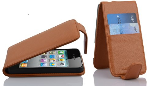 cadorabo Case works with Apple iPhone 4 / iPhone 4S in SADDLE BROWN - Flip Style Case made of Faux Leather with Card Slot - Wallet Etui Cover Pouch PU Leather Flip