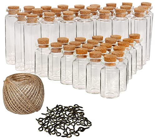 Kurtzy 50 Pack Mini Glass Bottles With Cork Stoppers, Eyelet Screws and Twine - 9ml & 18ml Jars - Small DIY Decorative Craft Vials for Wedding Favours/Decorations and Wishing/Message Bottles