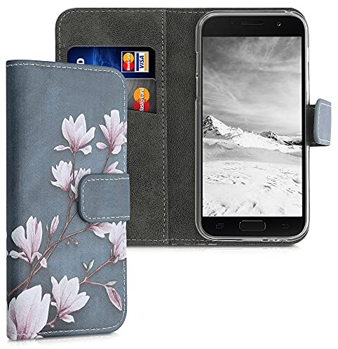 kwmobile Wallet Case kompatibel mit Samsung Galaxy A3 (2017) Hülle - Cover mit Ständer und Kartenfächern - Magnolien Taupe Weiß Blaugrau