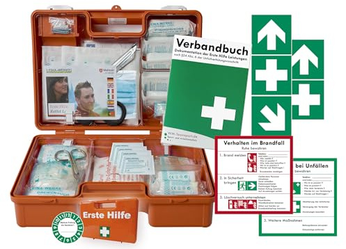 Verbandskoffer/Verbandskasten (M) -Paket 1- Erste Hilfe nach aktueller DIN 13157 für Betriebe -DSGVO- INKL. PERFORIERTEM VERBANDBUCH + Folienaufkleber