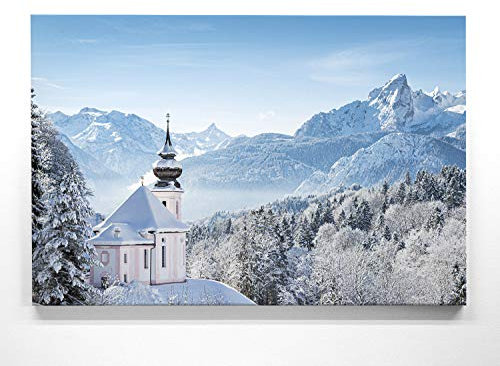 Traumhafte Winterbilder im Groß-Format 120x80cm, Kirche im Winter - als großes XXL Leinwandbild. Wandbild als Hintergrund und Deko für Wohnzimmer & Schlafzimmer. Aufgespannt auf Holzrahmen