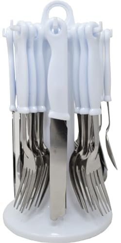 24pc White Cutlery Dinner Set – Includes Metal Forks, Teaspoons, Spoons & Plastic Drainer Stand | Storage Organiser | Durable Strong & Long Lasting | Suitable for Home, Kitchen, Restaurant, Catering