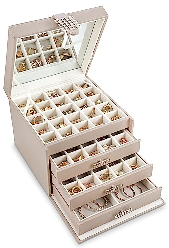Glenor Co Earring Organizer Holder - 75 Small & 4 Large Slots Classic Jewelry Box with Drawer & Modern Closure, Mirror, 4 Trays Earrings, Ring or Chain Storage - PU Leather Case - Sand