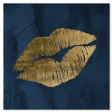 7CANVAS Marineblaue und goldene Lippen, Leinwand, Wandkunst, Lippen-Wanddekoration, modisches Poster, sexy Malerei, niedliche Bilder für Schlafzimmer, Badezimmer, Make-up, Heimdekoration, 81,3 x 81,3