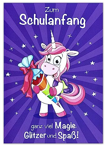 Perleberg - schöne Karte zum Schulanfang mit Einhorn Motiv - hochwertige Karten zur Einschulung - Einschulung Karten mit Umschlag - Glückwunschkarte für Jungen & Mädchen 11,6 x 16,6 cm