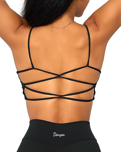 Danysu Rückenfreier Sport BH Damen Racerback Sports Bra Workout Top Leichter Träger-Sport-BH Niedliche Gymnastik-Kleidung Quadratischer Ausschnitt Crisscross Schwarz S