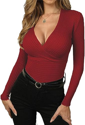 Wenrine Damen Pullover Tiefer V-Ausschnitt Wickel Strickpullover Sexy Herbst Pulli Slim Fit Winter Oberteile, Weinrot, M