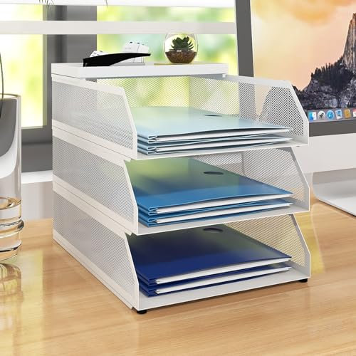 Natwind Briefablage mit 3 Ebenen, Schreibtisch-Organizer, Netzstoff, stapelbare Aktenablagen für den Schreibtisch, Schreibtisch-Papiersortierer, Literatur-Organizer für Zuhause, Büro, Schule (weiß)
