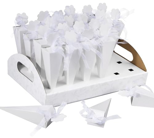 24 Stück Hochzeit Dreieckkegel Schachtel Weiß Papier Kegel Schachtel + Konfetti Kegelhalter Geschenkbox Hochzeit Geburtstag Party Kartonagen für Reis Süßigkeiten Bonbons Candy Schokolade