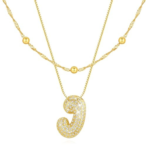 Personalisierte Kette mit Buchstaben Anhänger, Layering Halskette Damen Gold Statement Kette Damen mit Bling Zirkonia Choker Kette Gold, Geschenke für Frauen (J)