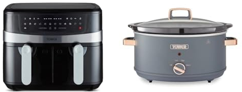 Tower T17088 Vortx 9L Dual Basket Air Fryer with Smart Finish, 2600W, Black & T16043GRY Cavaletto 6.5 Litre Slow Cooker with 3 Heat Settings, Cool Touch Handles, Grey and Rose Gold
