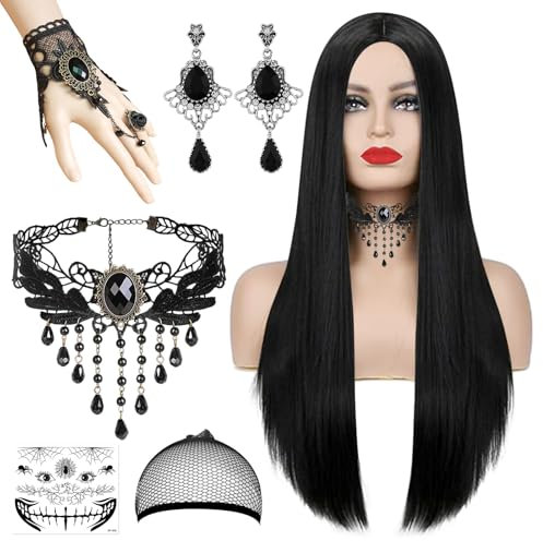 Perücke Halloween Damen, 70cm Perücke Damen,Halloween Perücke Damen,Halloween Accessoires mit Haarnetz Frauen Gothic Zubehör Halskette Armbänder Ohrring Tattoo Sticker Halloween Karneval Party Cosplay
