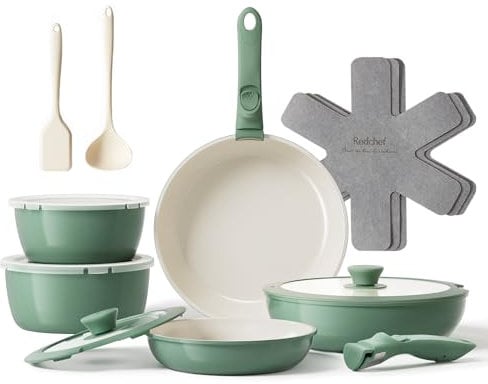 Redchef Pfannenset Topfsets 16-Teilig Antihaft-Keramik-Kochgeschirr-Set mit Abnehmbaren Griff, Pfanne 20/26cm, Tiefe Bratpfanne 26cm, Topf 18/20cm, Stapelbar Topfset Für alle Herdarten, Ofenfest Grün