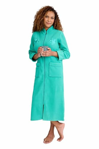Amber Ladies Knitted Zip Dressing Gown Embroidered Fleece Robe | Women's Full Length (46 inch / 117cm) Zip-Up Cosy House Coat with Floral Embroidery & 2 Handy Pockets