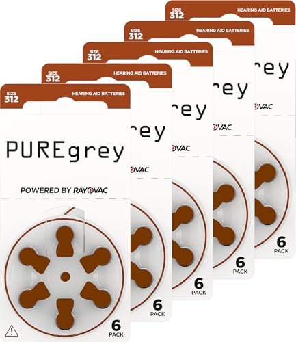 PUREgrey Hörgerätebatterien Typ 312-30 Stück Hörgeräte Batterien konzipiert für höchste Leistung – Pack mit 5 Blistern à 6 Hörgerätebatterien – PR41 Farbcode braun 1,45 Volt