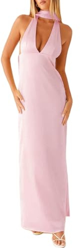 FeMereina Robe longue moulante dos nu pour femme avec col en V profond et dos nu