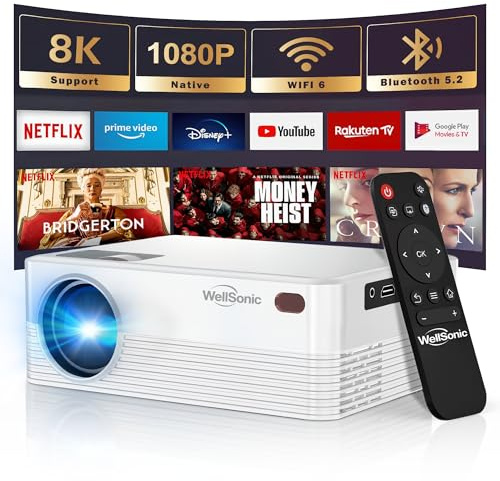 WellSonic Mini Projector with WiFi and Bluetooth, 1080P Portable Movie Projector Built-in Speaker, 400ASIN, 5W Speaker, Auto Keystone, 30-200 Screen Smart Projector for Home, Bedroom, Outdoor