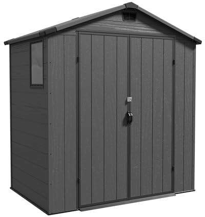 TRIUMPHKEY 6x4 Gartenhaus Kunststoff, 185x121x210 cm Kunststoff Gerätehaus mit Boden, Geräteschuppen, Fahrradschuppen mit Abschließbar Tür, Wetterfest für Terrasse, Rasen und Garten, Dunkelgrau