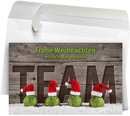 50 Premium Weihnachtskarten mit Umschlag Set für Firmen, hochwertige Klappkarten 19 x 12 cm groß, Team Mützen auf Kugeln Holz