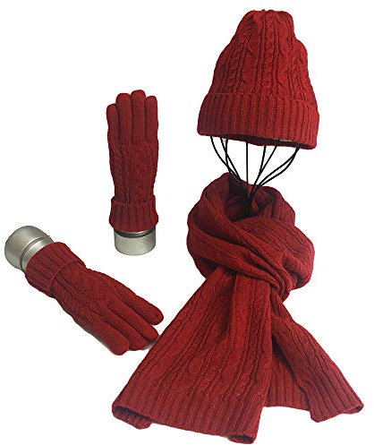 UK_Stone Xmas Damen Unifarbe Wolle Schal Handschuhe Mütze Set, (Rot)