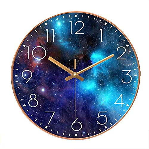 SWECOMZE Wanduhr Lautlos, 25cm, Kinderwanduhr, Zifferblatt mit Galaxie Sterne Weltraum Sternenhimmel, 10 Zoll Kinder Wanduhr Deko für Wohnzimmer Kinderzimmer (Golden,039)