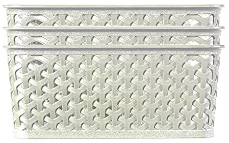 Curver My Style Rattan Effect Set of 3 Kitchen, Living room, Bathroom, Bedroom, Utility Medium Rectangular Storage Baskets 13 Litres - Off White, Cream