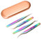 4pcs Professionnel en acier inoxydable Brucelles de précision Set de Cils Pince à épiler pour cils Extension à bouts Pointus droit et courbé Pince à Épiler à Cils Tweezers avec étui（Arc-en-Ciel）